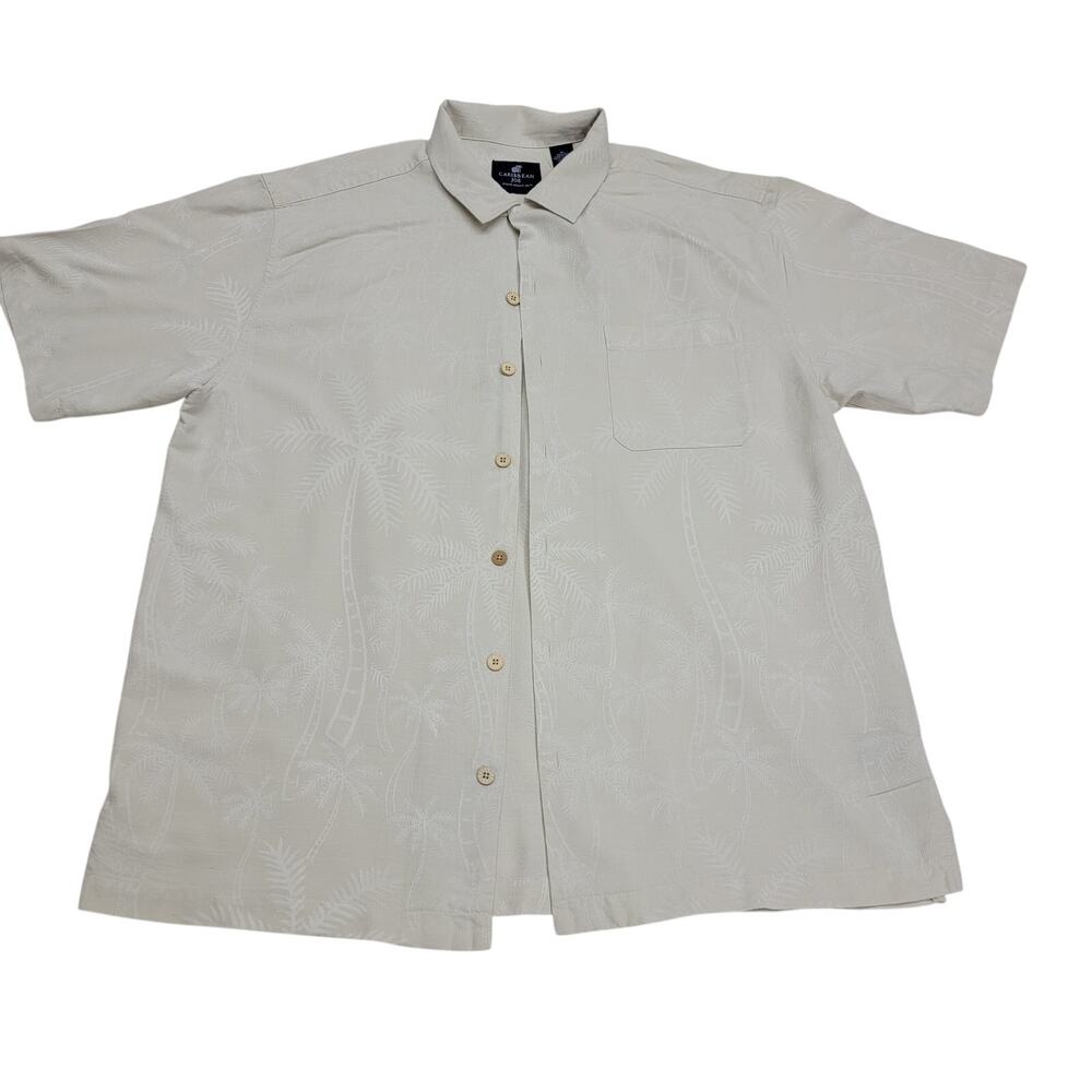 Caribbean Joe Mens XL Silk Shirt Ivory Palm Tree Tropical Short Sleeve Hawaiian